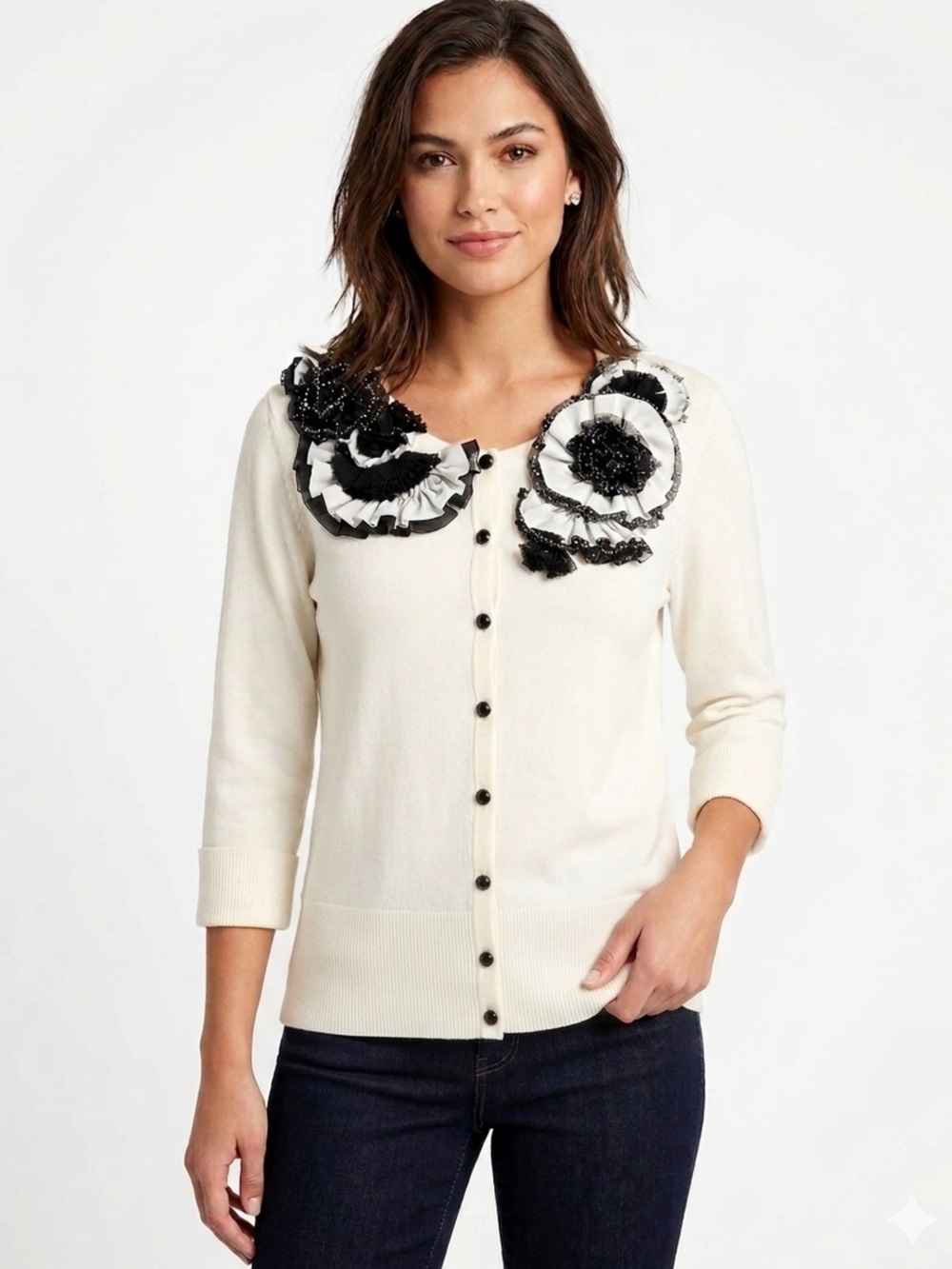 White House Black Market Off White Rosette Embellished Cardigan Size Large